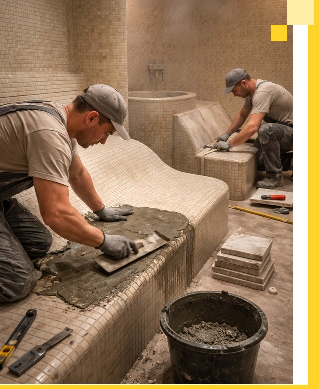 Лежаки для хамама под ключ в Алексеевке, проект и монтаж